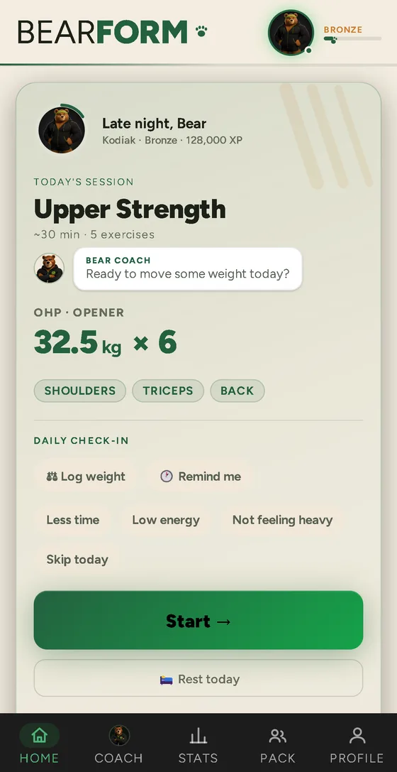 Today's session screen with your next lift ready