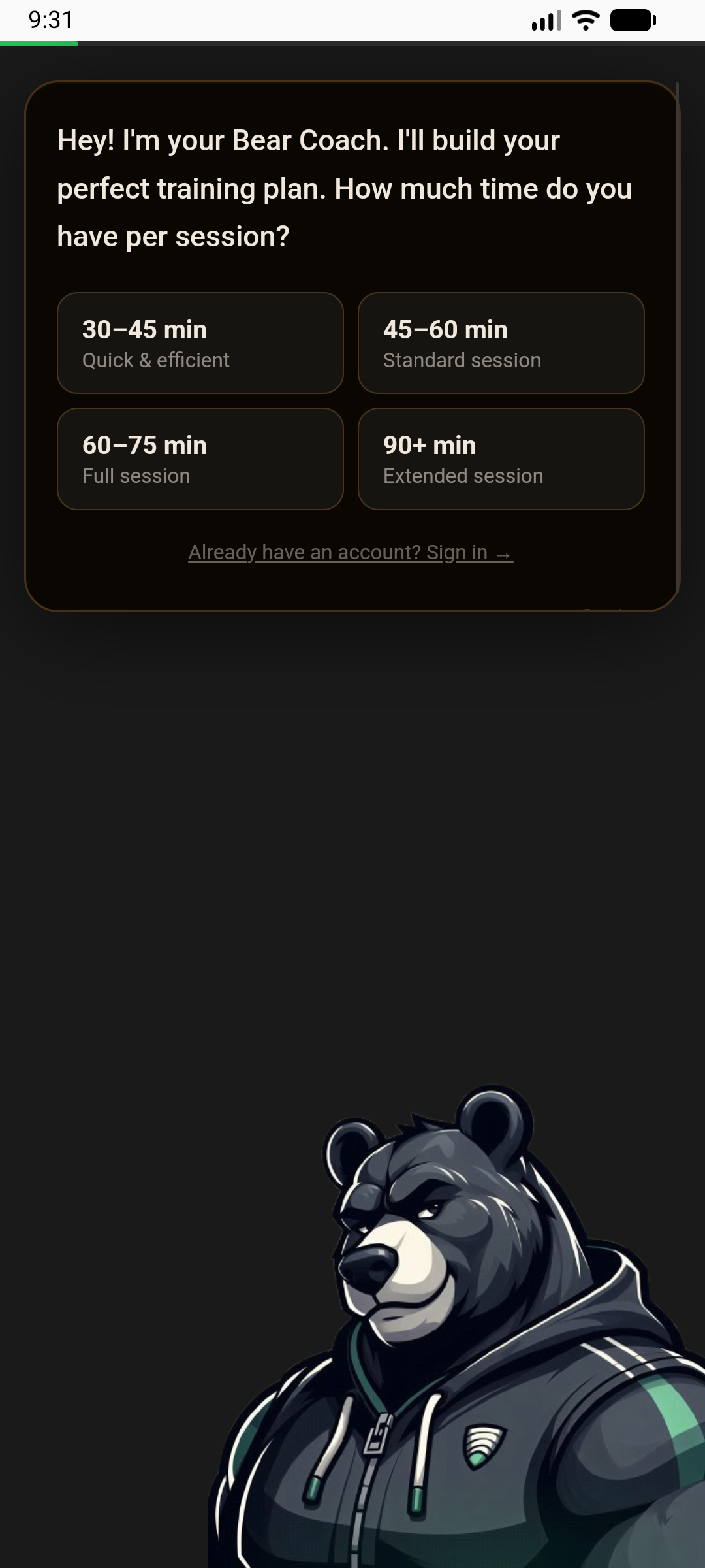 BearForm AI bear coach onboarding